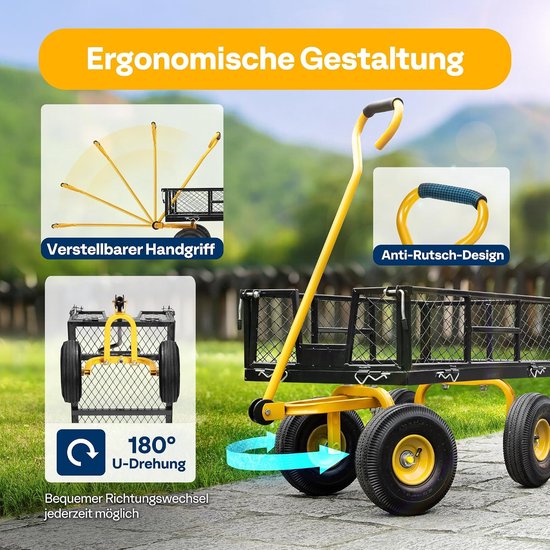 Tuinwagen, bolderkar met afneembare zijkanten, belastbaar tot 400 kg - Belastbare transportwagen van metaal met 180° draaibare handgreep voor tuin en outdoor — afbeelding 5