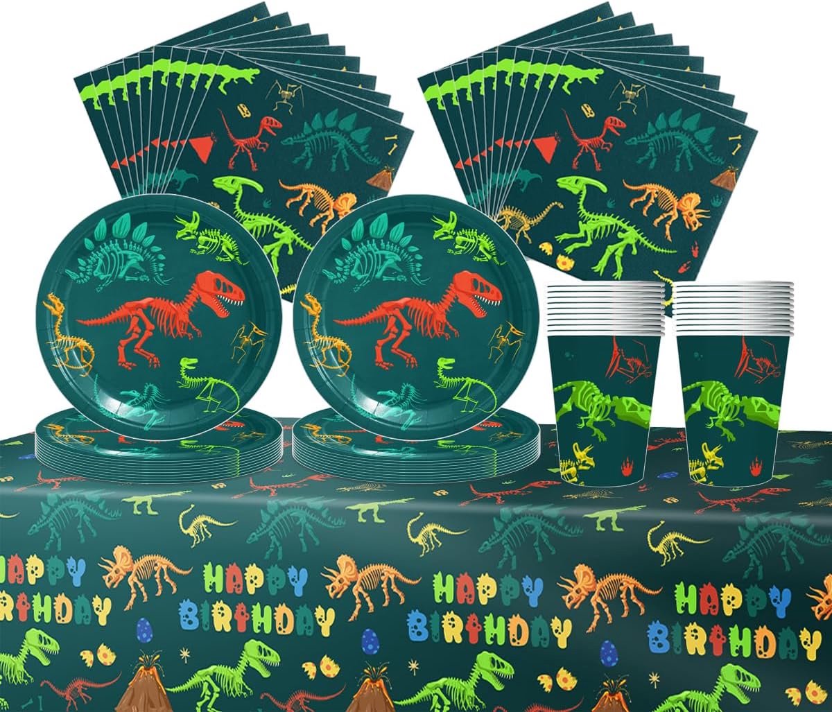 61 stuks dinosaurus-skelet fossiele themaservies, jungle-scène