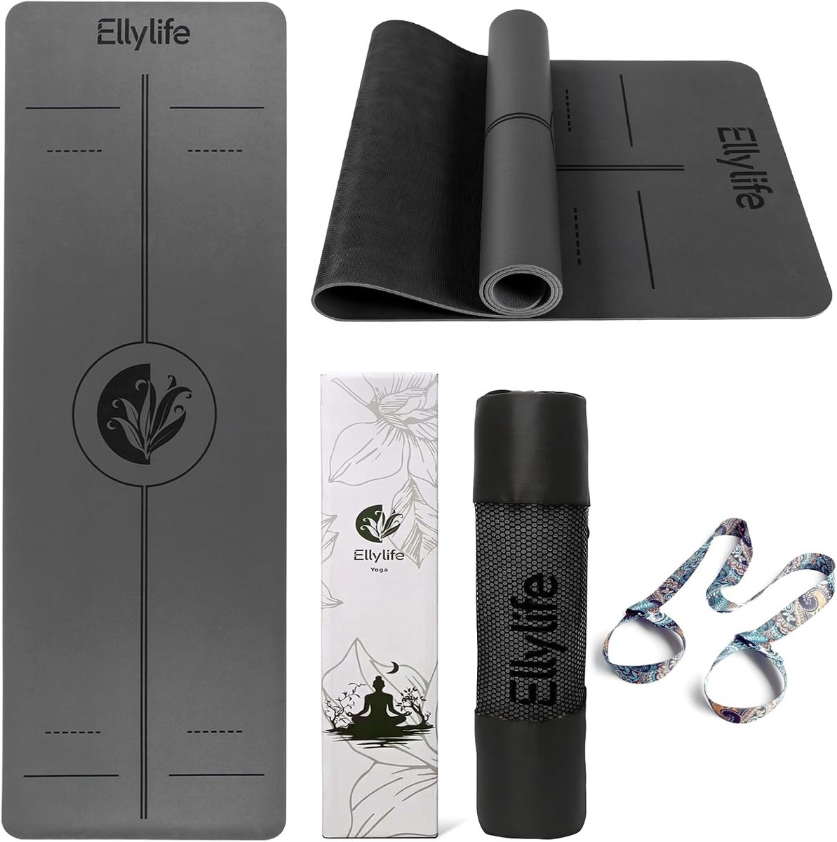SnelShoppen - Non-Slip Yoga Mat met Uitlijnmarkeringen, Natuurlijke Rubber, Eco-Vriendelijk, Extra Dikker & Duurzaam, Inclusief Draagriem voor Pilates