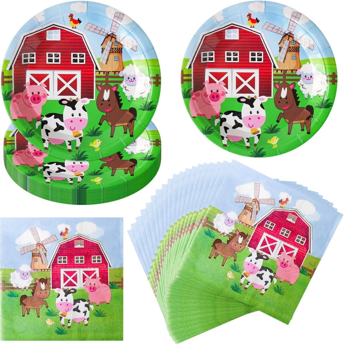 Verjaardagsservies boerderijdieren 40 stuks - 20 borden van 18 cm - 20 papieren handdoeken - SnelShoppen