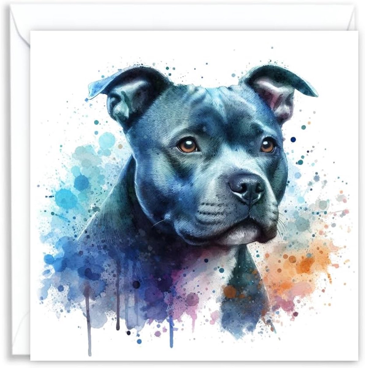SnelShoppen - Staffordshire Bull Terrier (Staffy) Waterverf Splash Effect Kunstzinnige Kaart - Lege Wenskaart 144x144 mm - Hoogwaardige 300 grams FSC