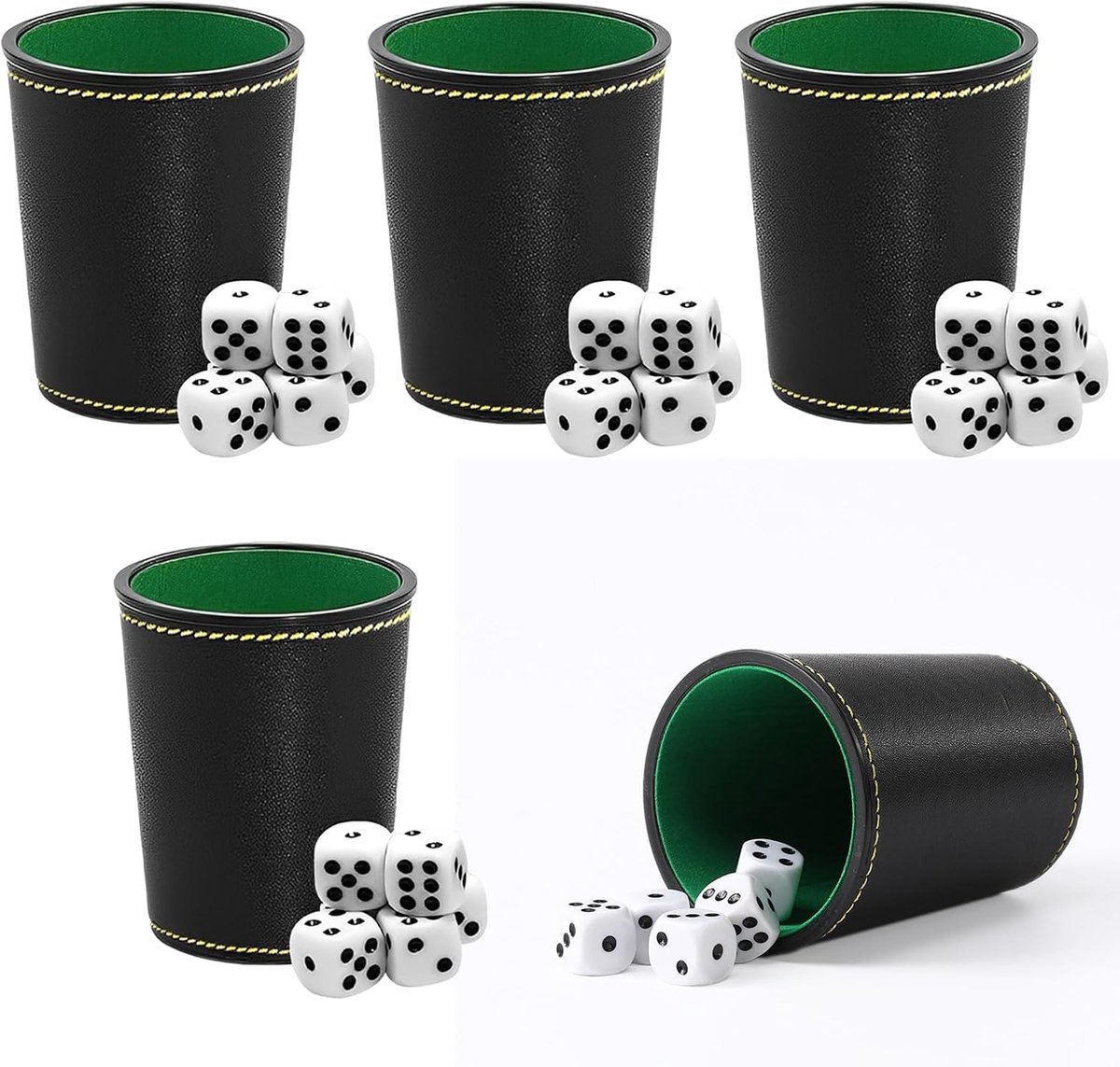 SnelShoppen - 5 Leerachtige Dobbelbeker Set met 25 Dobbelstenen, Stille Dobbelbeker voor Volwassenen, Ideaal voor Spellen, Reisgames, Bordspellen, Gou
