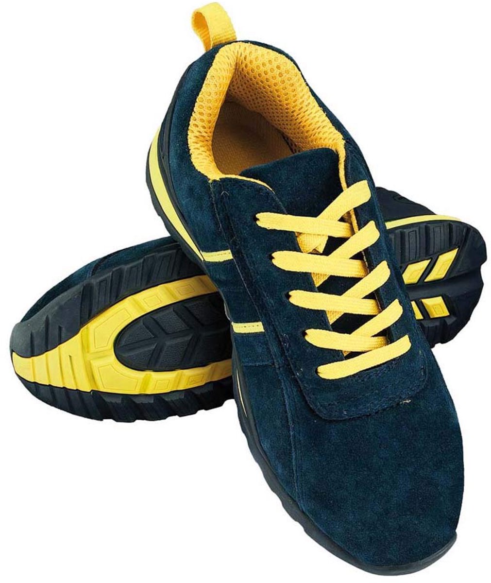 SnelShoppen - Veiligheidsschoenen voor Mannen & Vrouwen | Stevige Werk Schoenen | Chamois Leer | EVA Zool | SB SRA Categorie | Navy Blauw-Geel | Maat