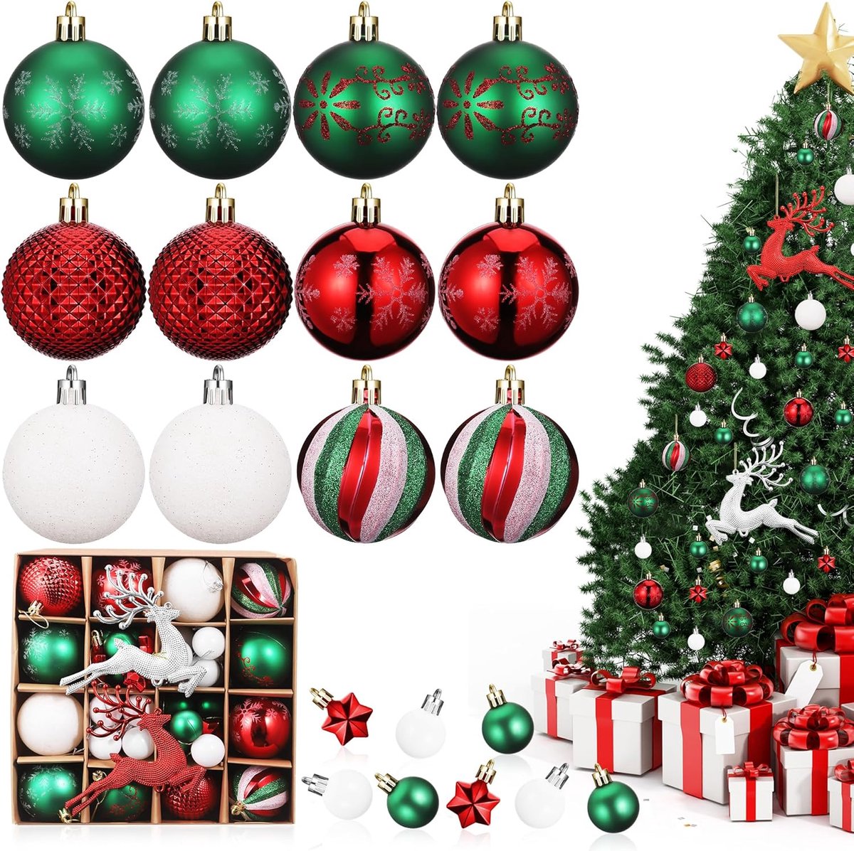 46 Kunststof Kerstballen, Onbreekbare en Schattige - Kerstboomversiering Met Hangtouw, Voor Binnen en Buiten - ShopVlot