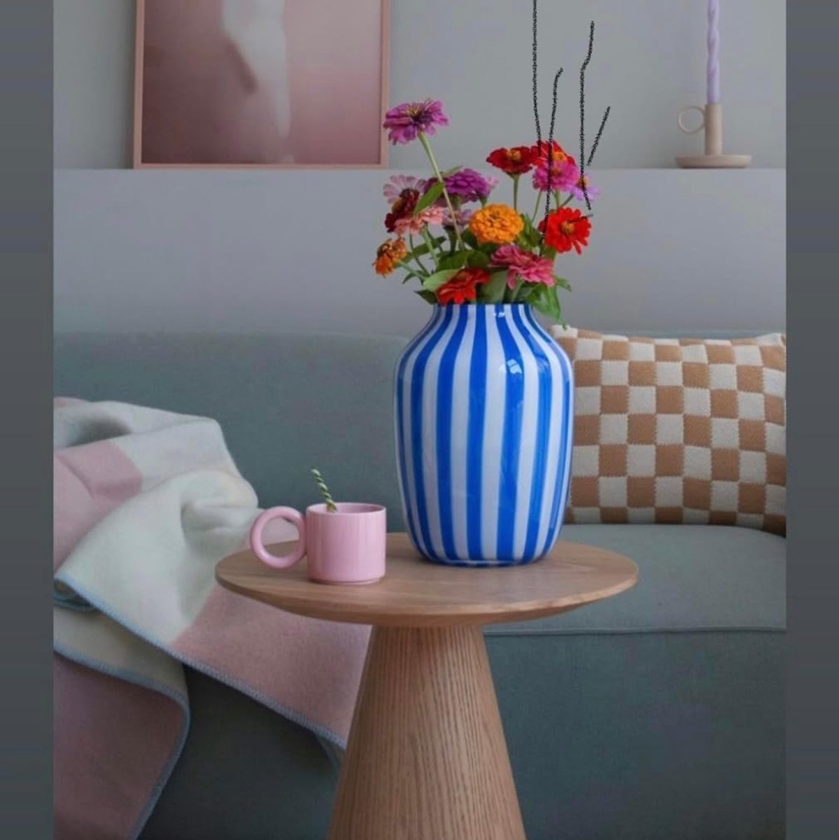 SnelShoppen - Omkeerbare deken van Noorse wol 140 x 205 cm tricolor vierkant (mint roze) - Luxe woonaccessoire voor thuis, camping of tuin