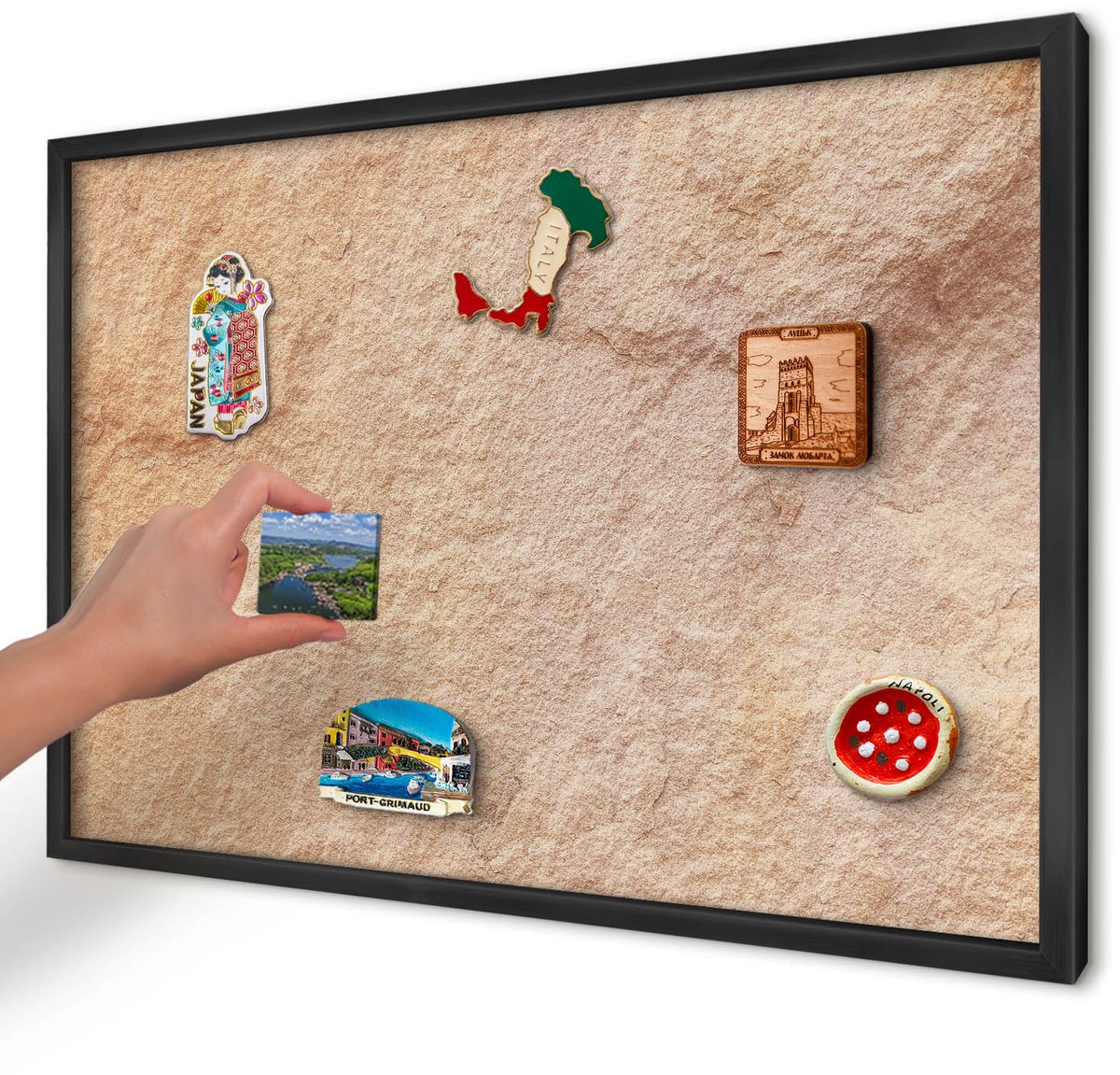 Artprintcave Bruin Magneetbord mit Zwart Frame - 60x40 cm - Steenstructuur Memobord Keuken - Rustiek Magnetisch Bord - Texturen