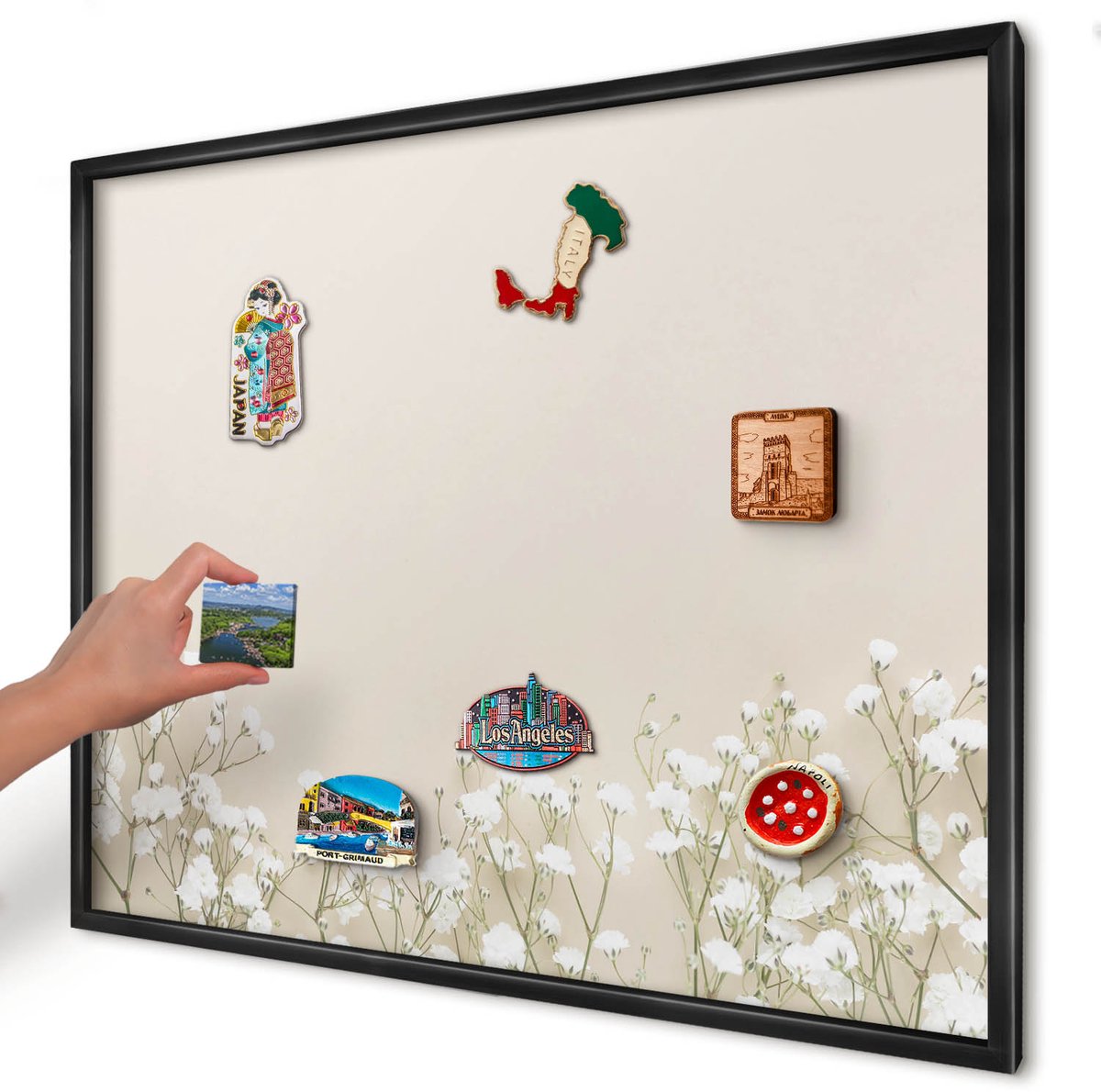 Artprintcave Beige Magneetbord mit Zwart Frame - 80x60 cm - Subtiele Natuur Magneetbord Voor Keuken - Minimalist Magnetisch Bord - Bloemen En Planten