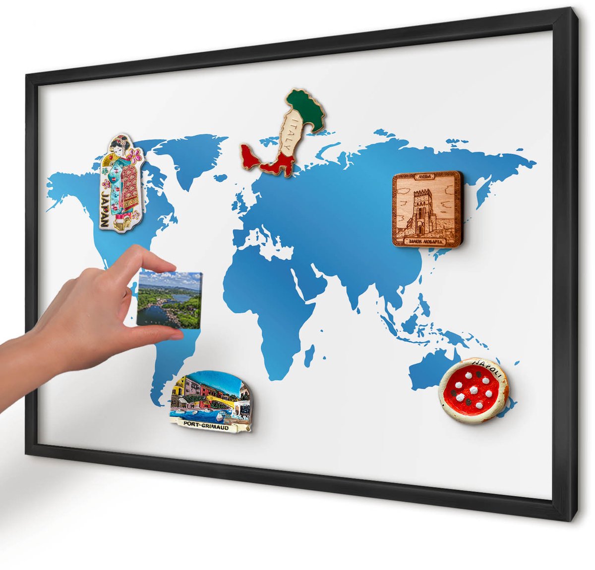 Artprintcave Blauw Magneetbord mit Zwart Frame - 60x40 cm - Wereldkaart Bord Voor Magneten - Modern Magneet Bord mit Frame - Kaarten