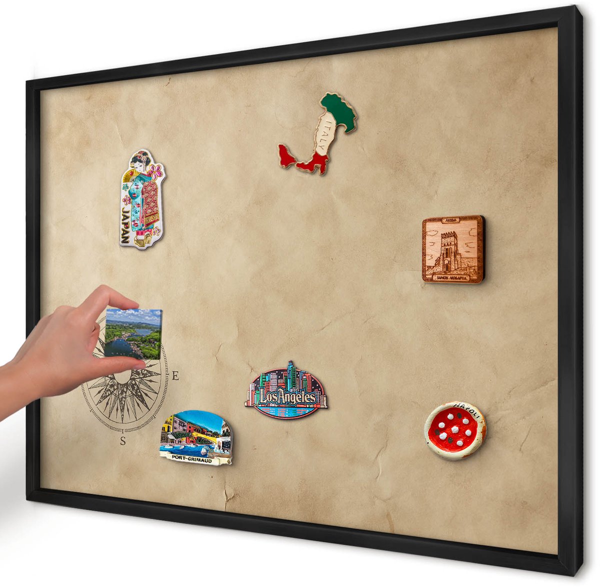 Artprintcave Beige Magneetbord mit Zwart Frame - 70x50 cm - Windroos Magneetbord Voor Foto's - Vintage Notitiebord - Achtergronden En Patronen