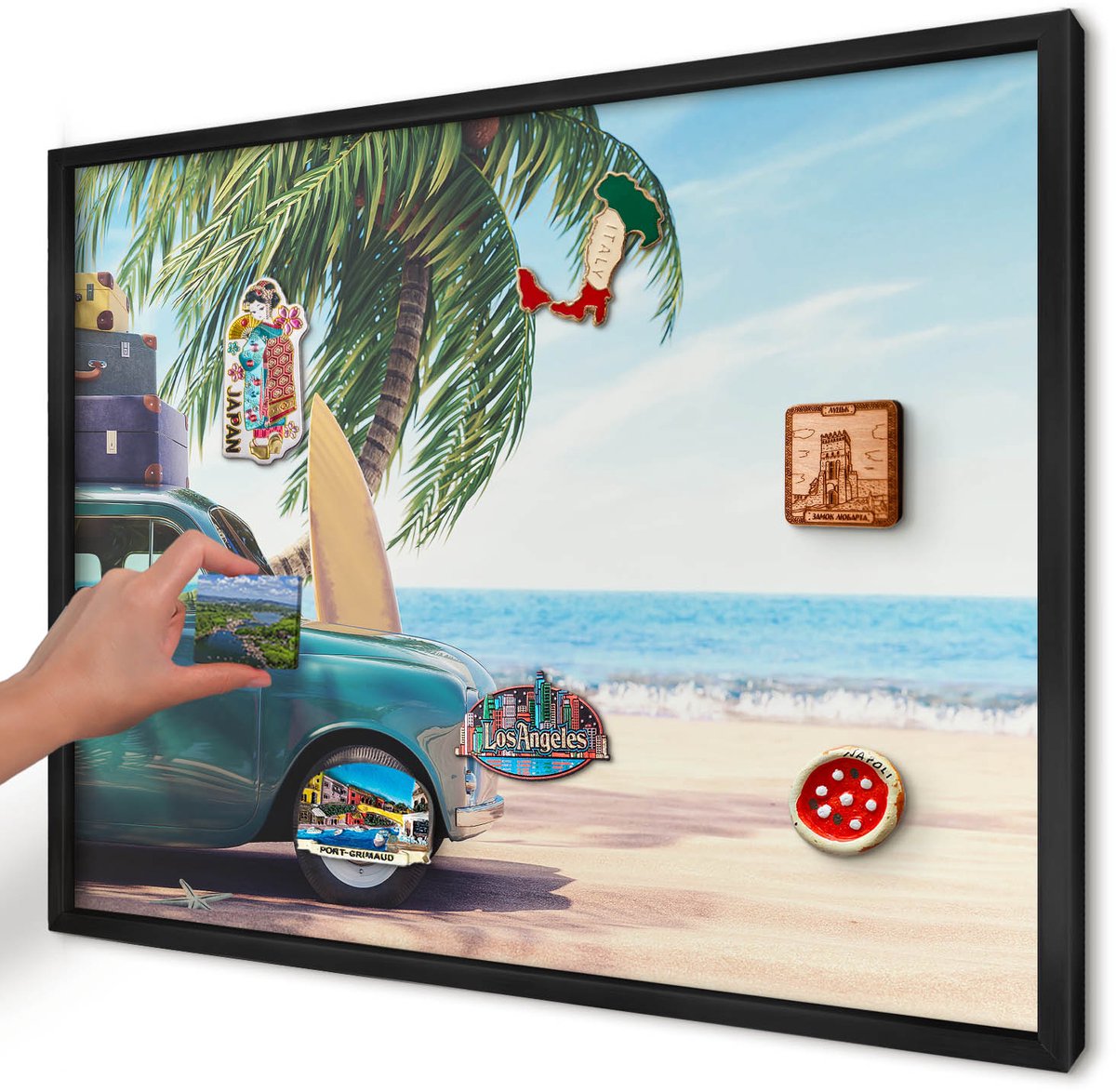Artprintcave Blauw Magneetbord mit Zwart Frame - 70x50 cm - Vakantievrede Memobord Keuken - Fotografisch Magneet Bord mit Frame - Landschappen