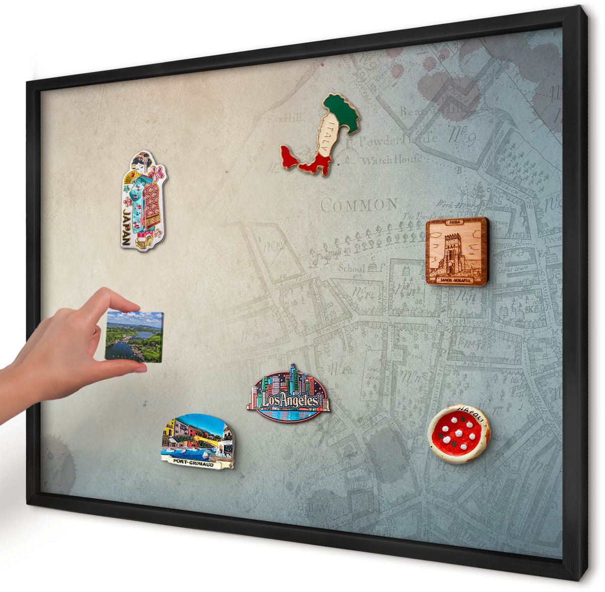 Artprintcave Beige Magneetbord mit Zwart Frame - 70x50 cm - Oude Kaart Magnetisch Bord - Vintage Magneet Bord mit Frame - Kaarten