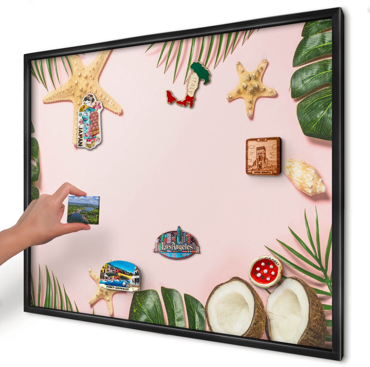 Artprintcave Roze Magneetbord mit Zwart Frame - 80x60 cm - Tropische Vakantie Memobord Keuken - Illustratief Notitiebord - Natuur