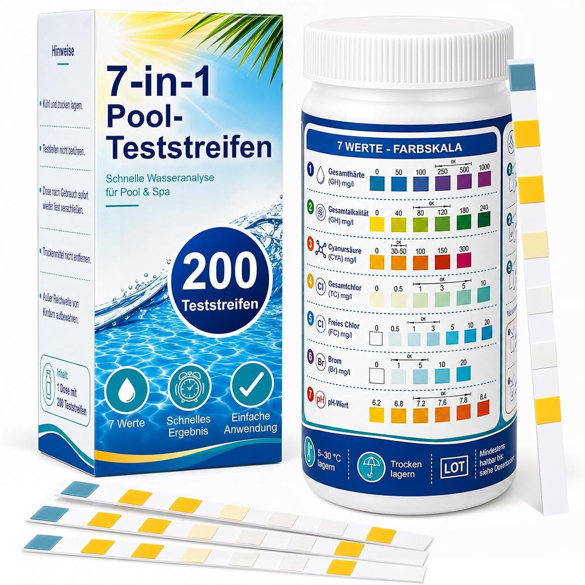 SnelShoppen - Pool Test Strips 200 Stuks, 7-in-1 Water Tester voor Zwembad, Whirlpool en Spa, pH, Chloor, Bromine, Alkaliteit, Hardheid, Cyanurzuur, K