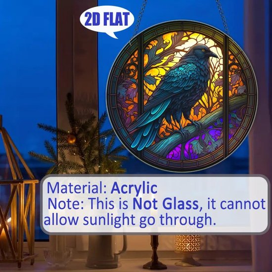 SnelShoppen - Acryl ornamenten Raaf en Kraai glas in lood raam opknoping, glas in lood kraai suncatcher voor vogelliefhebbers, Halloween herfst decor, — afbeelding 4