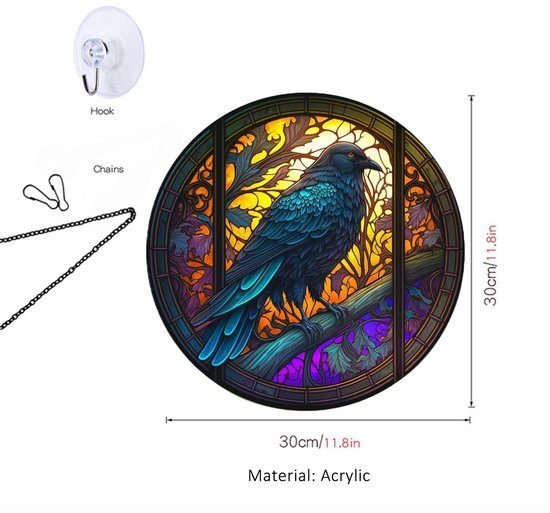 SnelShoppen - Acryl ornamenten Raaf en Kraai glas in lood raam opknoping, glas in lood kraai suncatcher voor vogelliefhebbers, Halloween herfst decor, — afbeelding 2