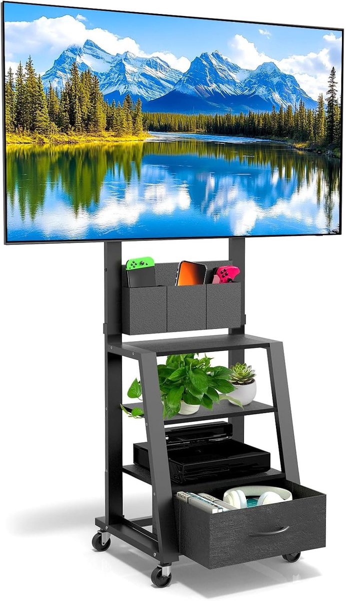 Verrijdbare TV-console - Spaanplaat zwart - Voor 23-60 inch - Met 3 opbergplanken en lade - Voor woonkamer