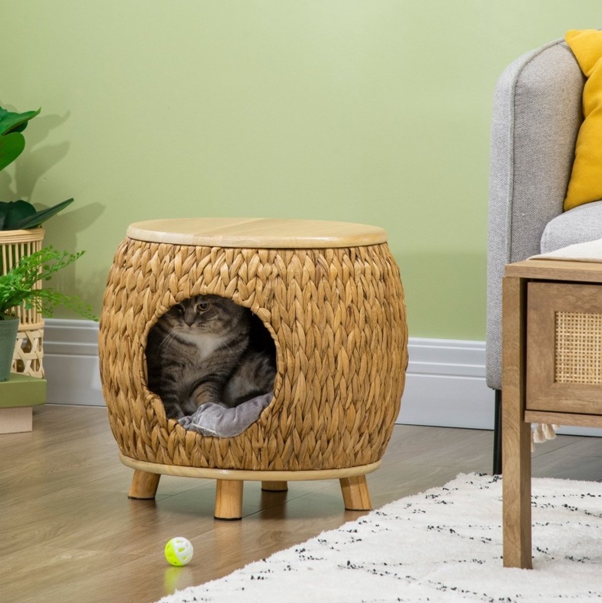 REDOM - Kattenhuis van waterhyacint met wasbaar kussen - Kan ook als kruk worden gebruikt - Met vloerbescherming - Hout - Lichtbruin - 44 x 43 x 42 cm