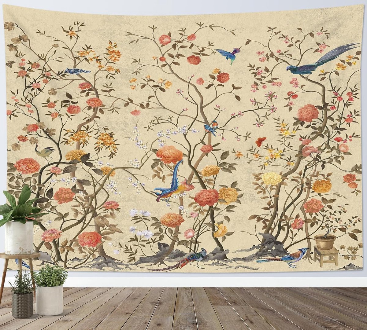 Wandtapijt Vintage bloem Vogel op bloesemboom Tapijten Woondecoratie voor Woonkamer Slaapkamer Room Decor,235x180cm