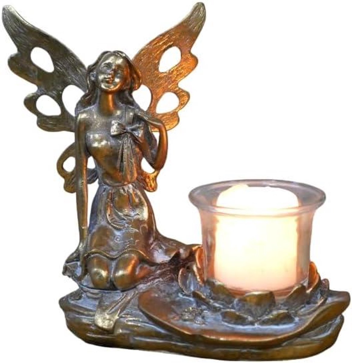 Theelicht Kaarsenhouder - Hars Beeldje - Huis Decoratie - Feeën Geïnspireerd - 16 cm Hoog - Brons
