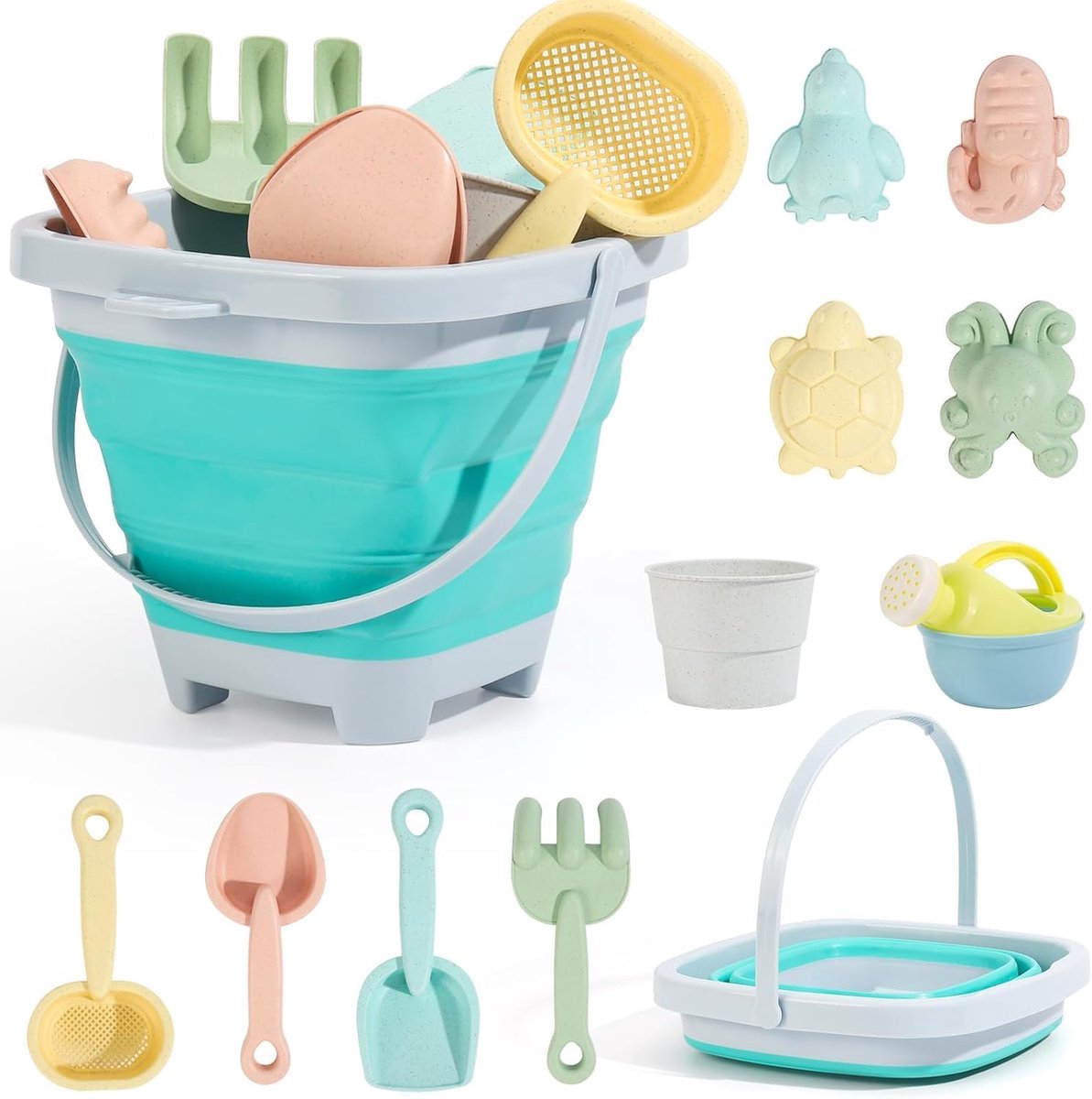 SnelShoppen - 11-delige Vouwbare Strand Speelset voor Kinderen - Emmer, Scheppen, Zandvormpjes en Netzak - Perfect voor Zomervakantie aan de Europese