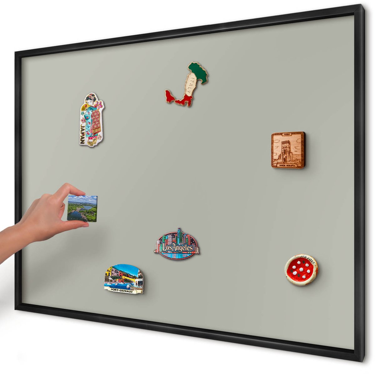 Artprintcave Groente Magneetbord mit Zwart Frame - 100x70 cm - Neutraal Grijs Notitiebord - Minimalist Memobord Keuken - Achtergronden En Patronen