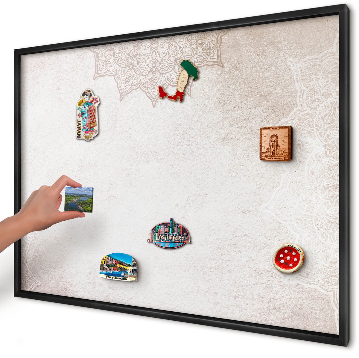 Artprintcave Romig Magneetbord mit Zwart Frame - 100x70 cm - Etnische Patronen Magnetische Organizer - Boho Magnetisch Bord - Achtergronden En Patronen