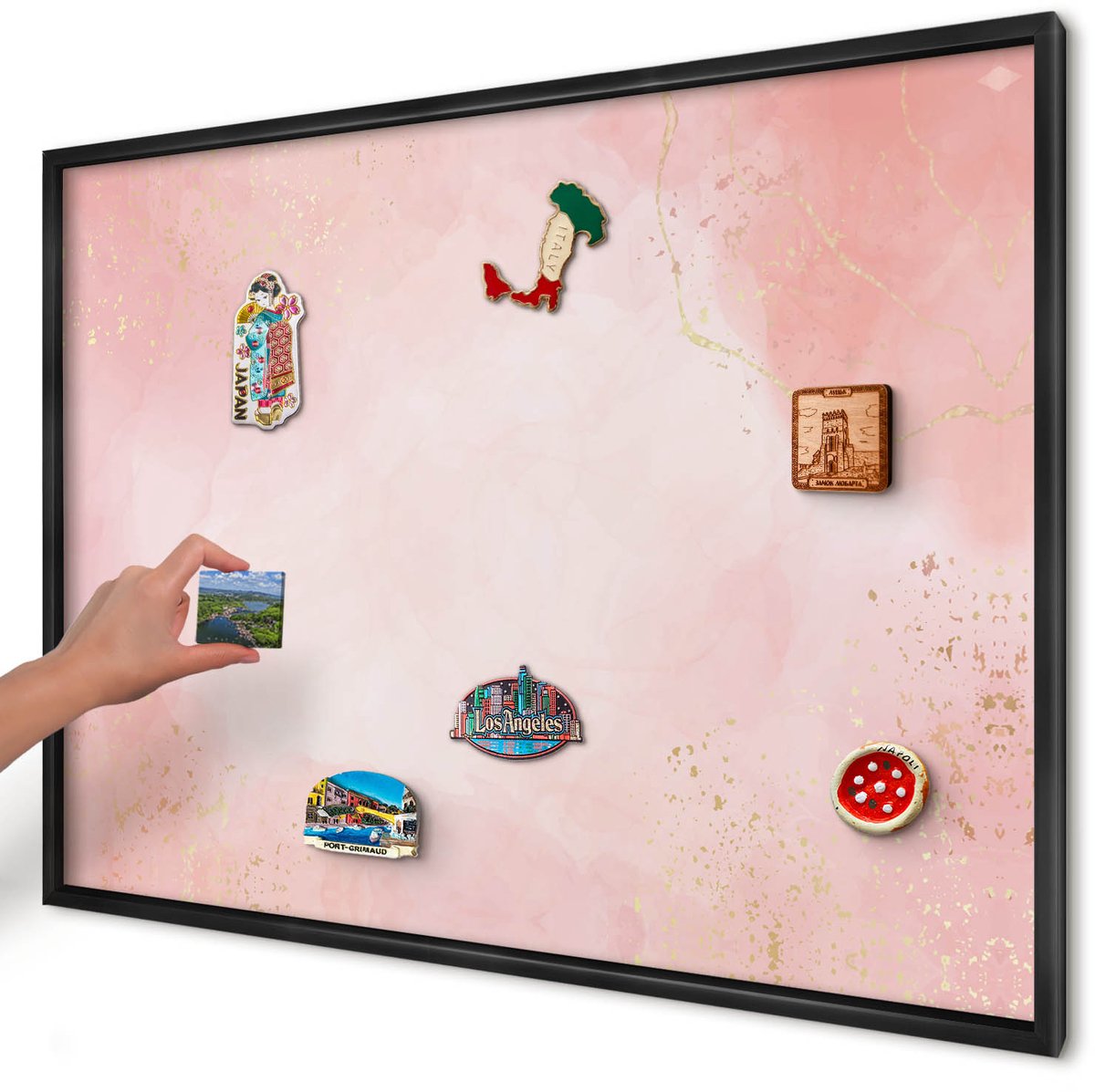 Artprintcave Roze Magneetbord mit Zwart Frame - 100x70 cm - Subtiele Elegantie Notitiebord - Waterverf Magneetbord Voor Keuken - Achtergronden En Patronen