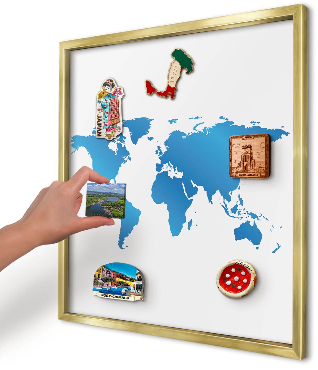 Artprintcave Blauw Magneetbord mit Gouden Frame - 50x50 cm - Wereldkaart Magneet Bord mit Frame - Modern Memobord Keuken - Kaarten