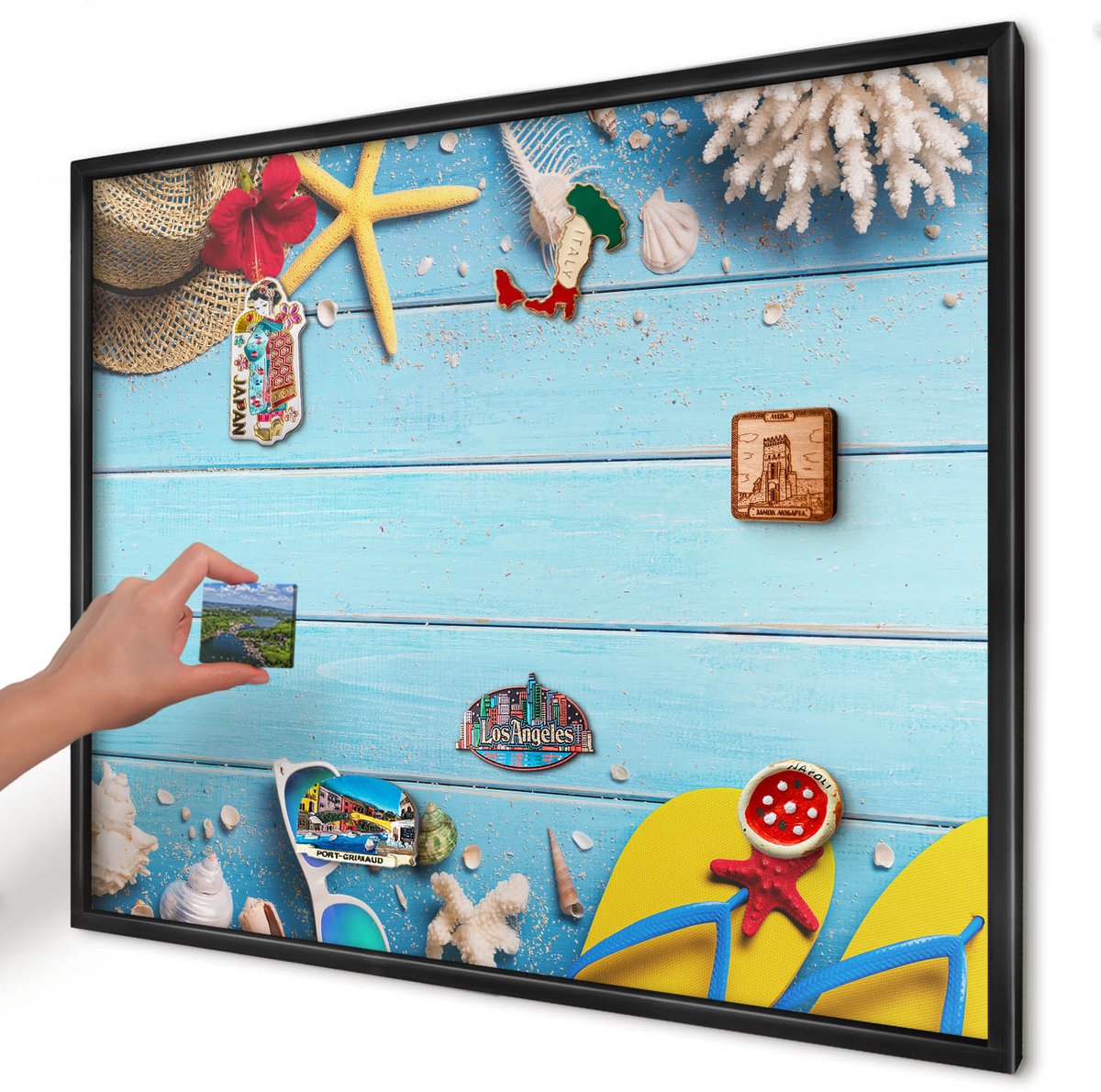 Artprintcave Blauw Magneetbord mit Zwart Frame - 80x60 cm - Vakantiestrand Notitiebord - Minimalist Magneet Bord mit Frame - Natuur