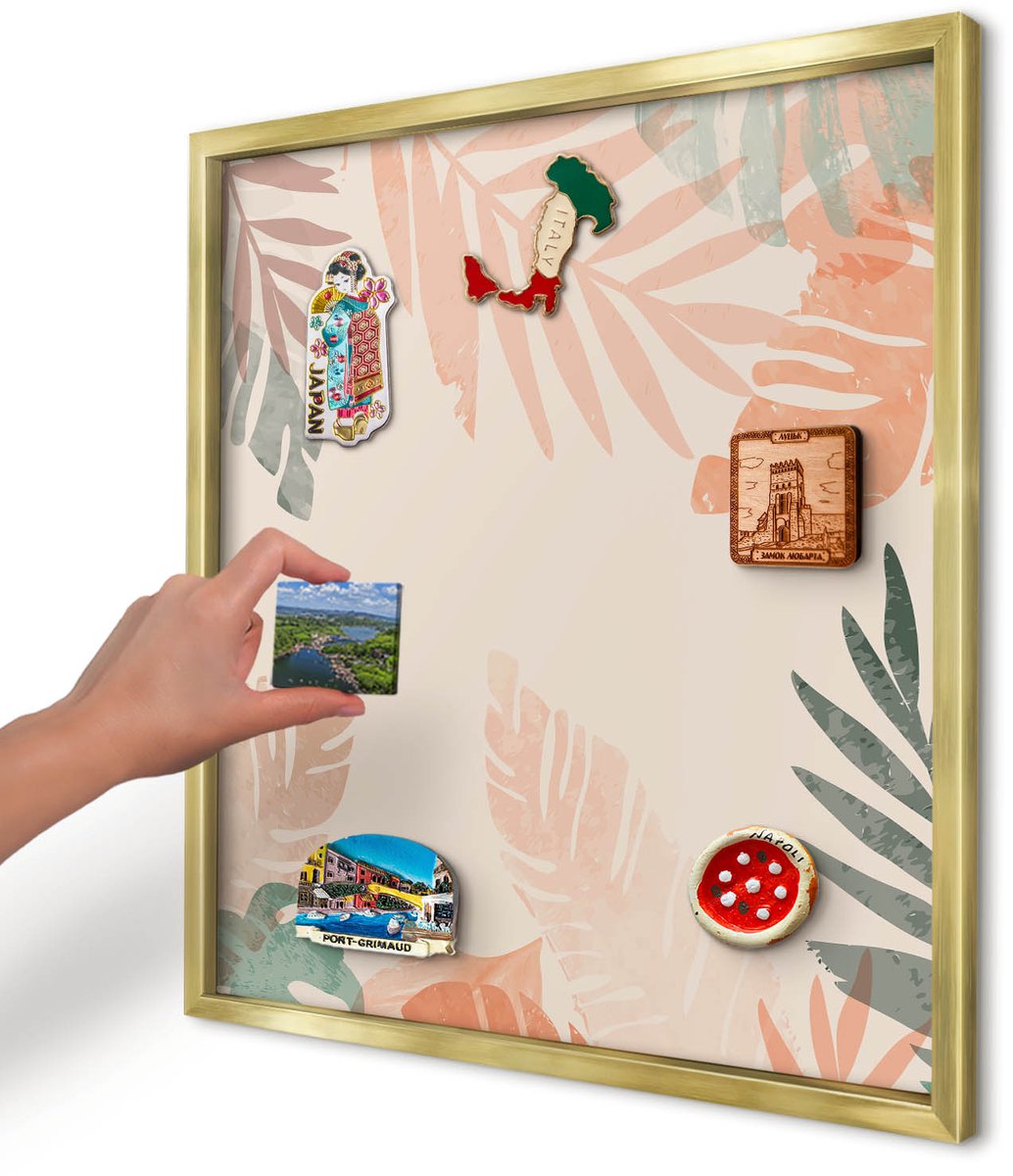 Artprintcave Beige Magneetbord mit Gouden Frame - 50x50 cm - Tropische Bladeren Magneetbord Voor Keuken - Modern Memobord Keuken - Bloemen En Planten