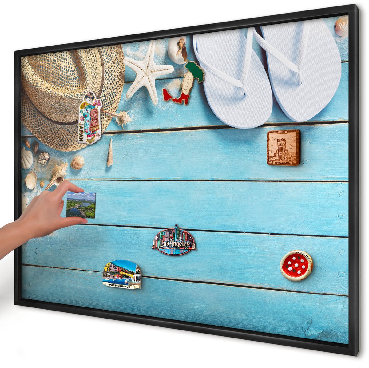 Artprintcave Blauw Magneetbord mit Zwart Frame - 100x70 cm - Vakantiesfeer Notitiebord - Modern Magnetische Organizer - Natuur
