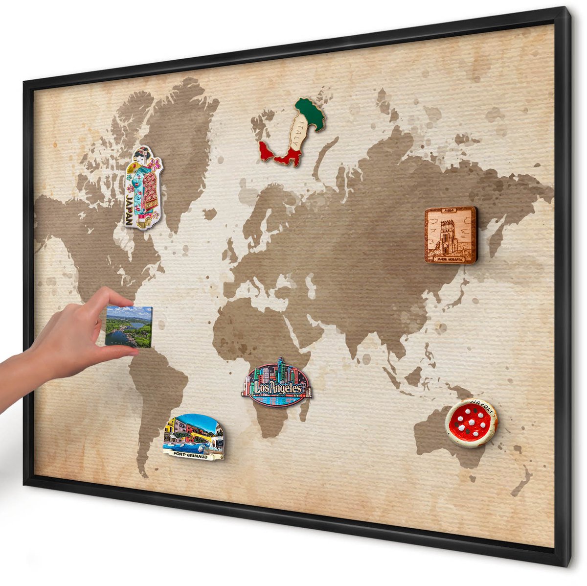 Artprintcave Bruin Magneetbord mit Zwart Frame - 100x70 cm - Wereldkaart Bord Voor Magneten - Vintage Wandbord Magnetisch - Kaarten