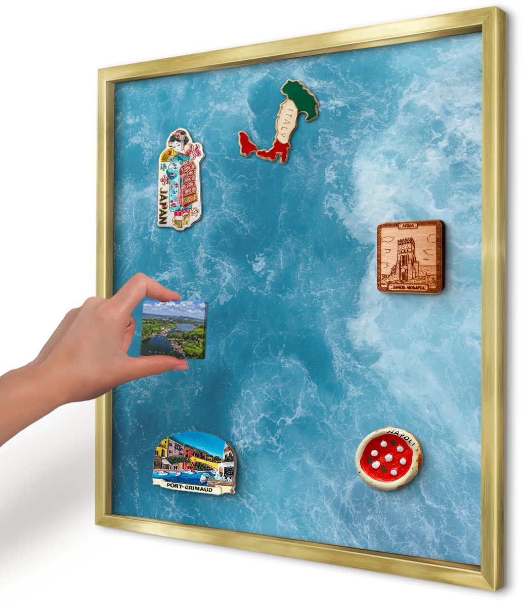 Artprintcave Blauw Magneetbord mit Gouden Frame - 50x50 cm - Oceaangolven Magneetbord Voor Foto's - Abstract Wandbord Magnetisch - Natuur