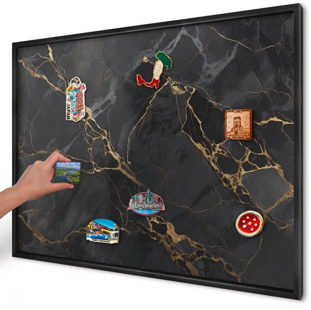 Artprintcave Zwart Magneetbord mit Zwart Frame - 100x70 cm - Zwart Marmer Magneetbord Voor Foto's - Modern Memobord Keuken - Texturen