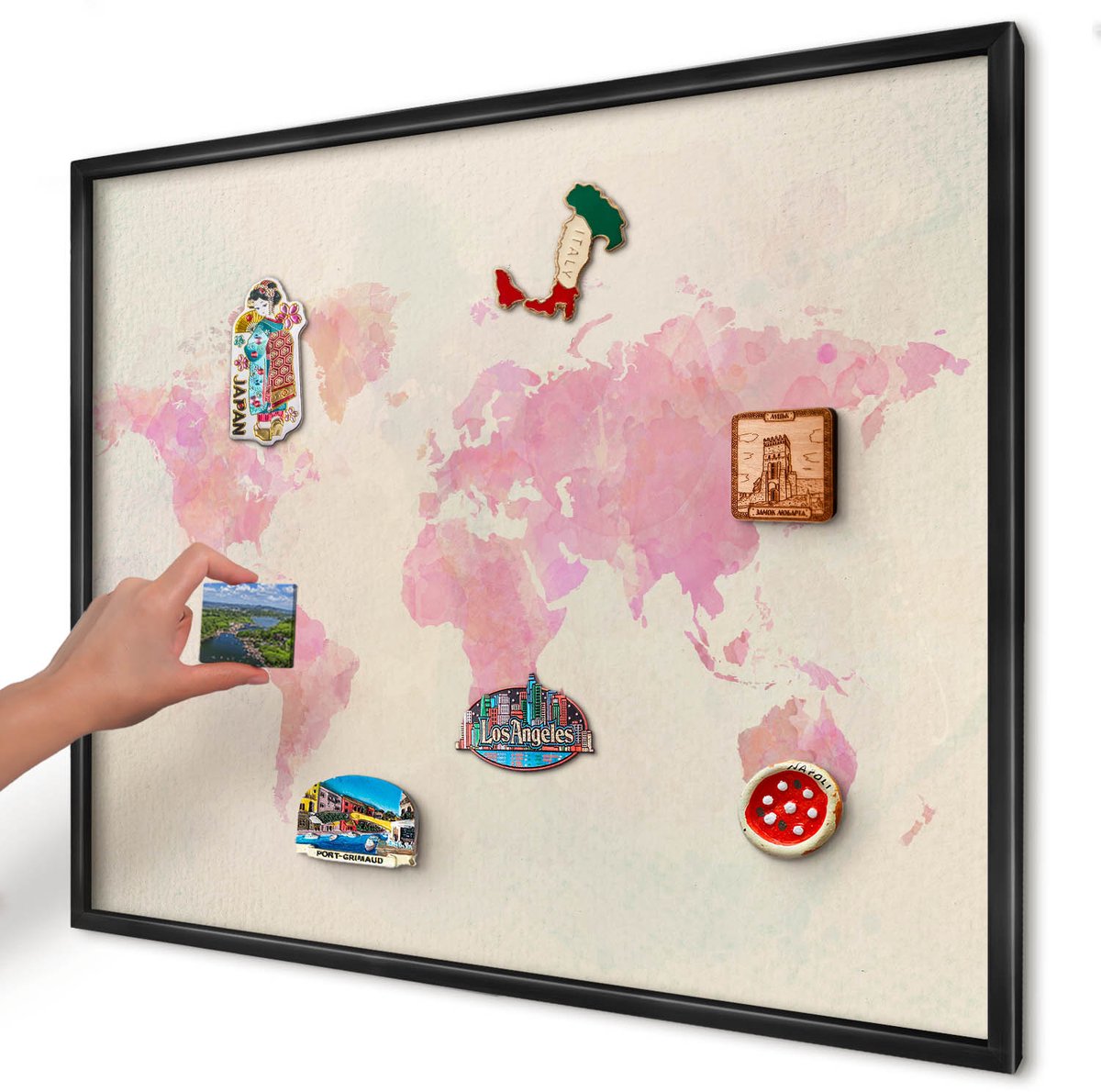 Artprintcave Roze Magneetbord mit Zwart Frame - 80x60 cm - Wereldkaart Magnetisch Bord Voor Magneten - Waterverf Magneet Bord mit Frame - Kaarten