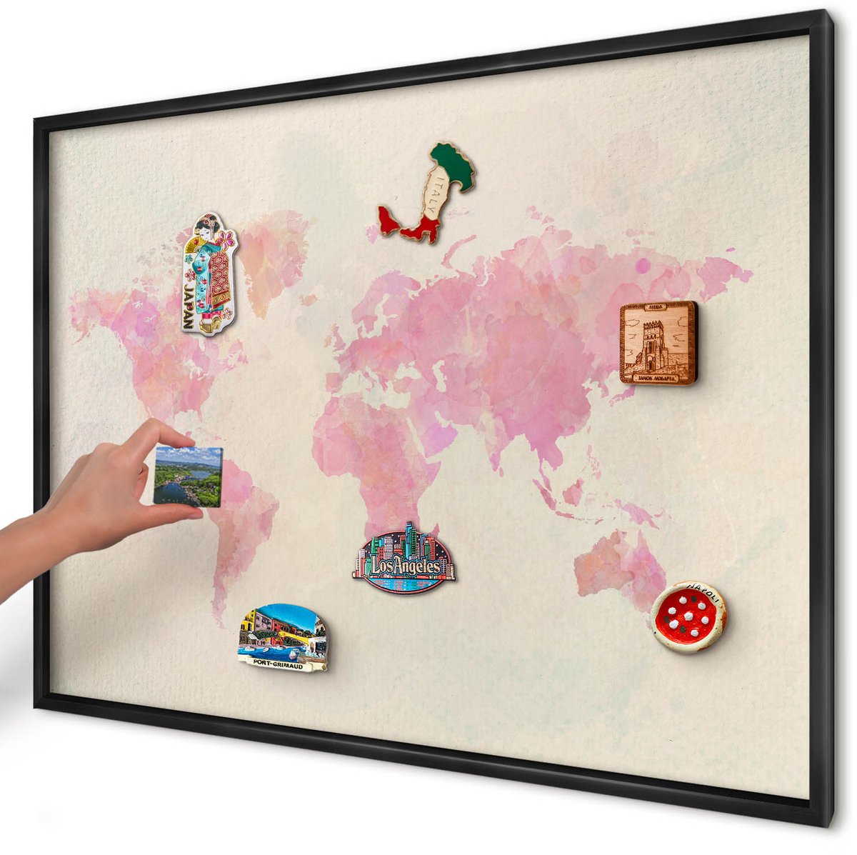 Artprintcave Roze Magneetbord mit Zwart Frame - 100x70 cm - Wereldkaart Magneetbord Voor Foto's - Waterverf Notitiebord - Kaarten