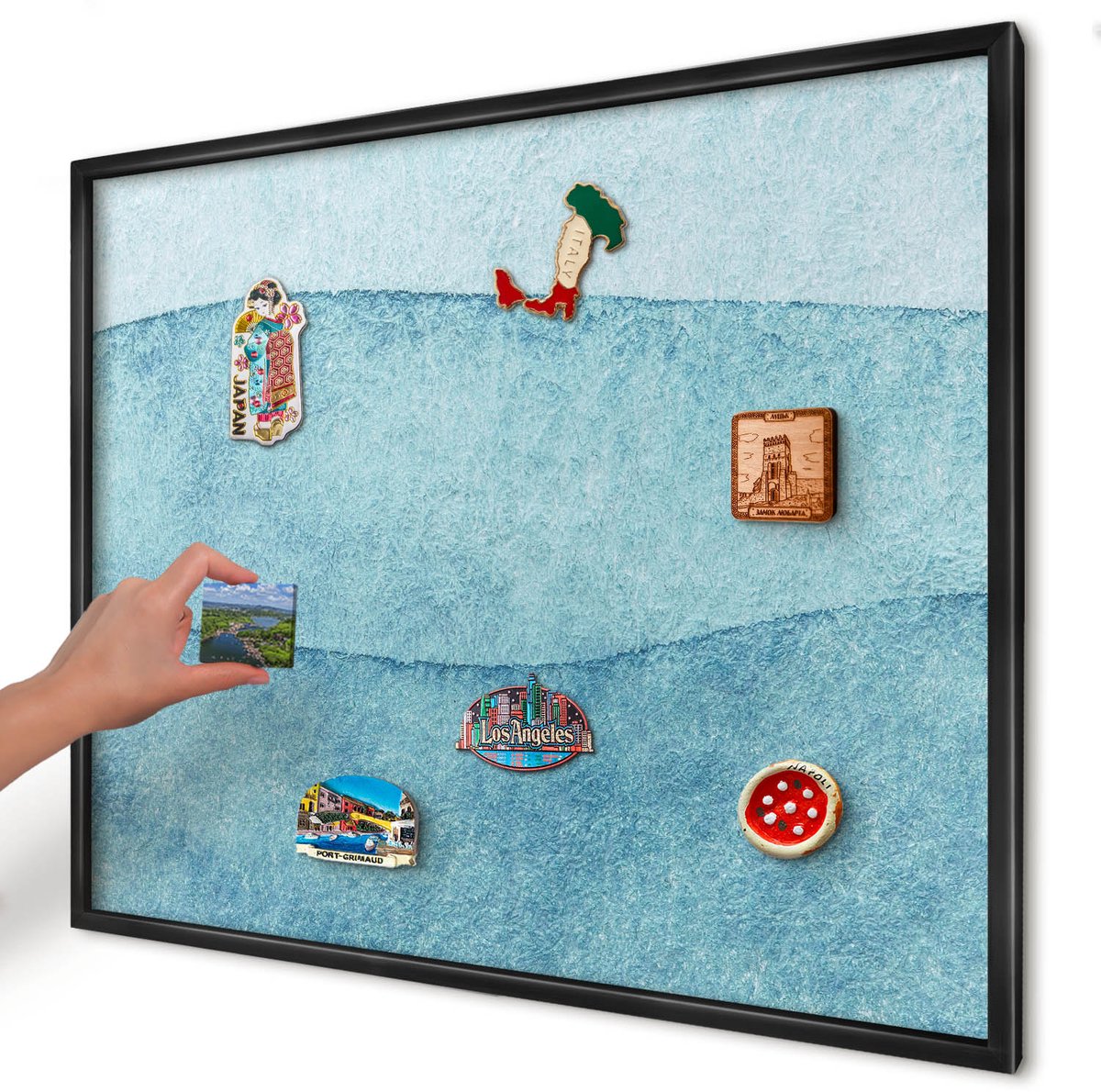 Artprintcave Blauw Magneetbord mit Zwart Frame - 80x60 cm - Blauwe Golven Magneet Bord mit Frame - Abstract Notitiebord - Abstractie