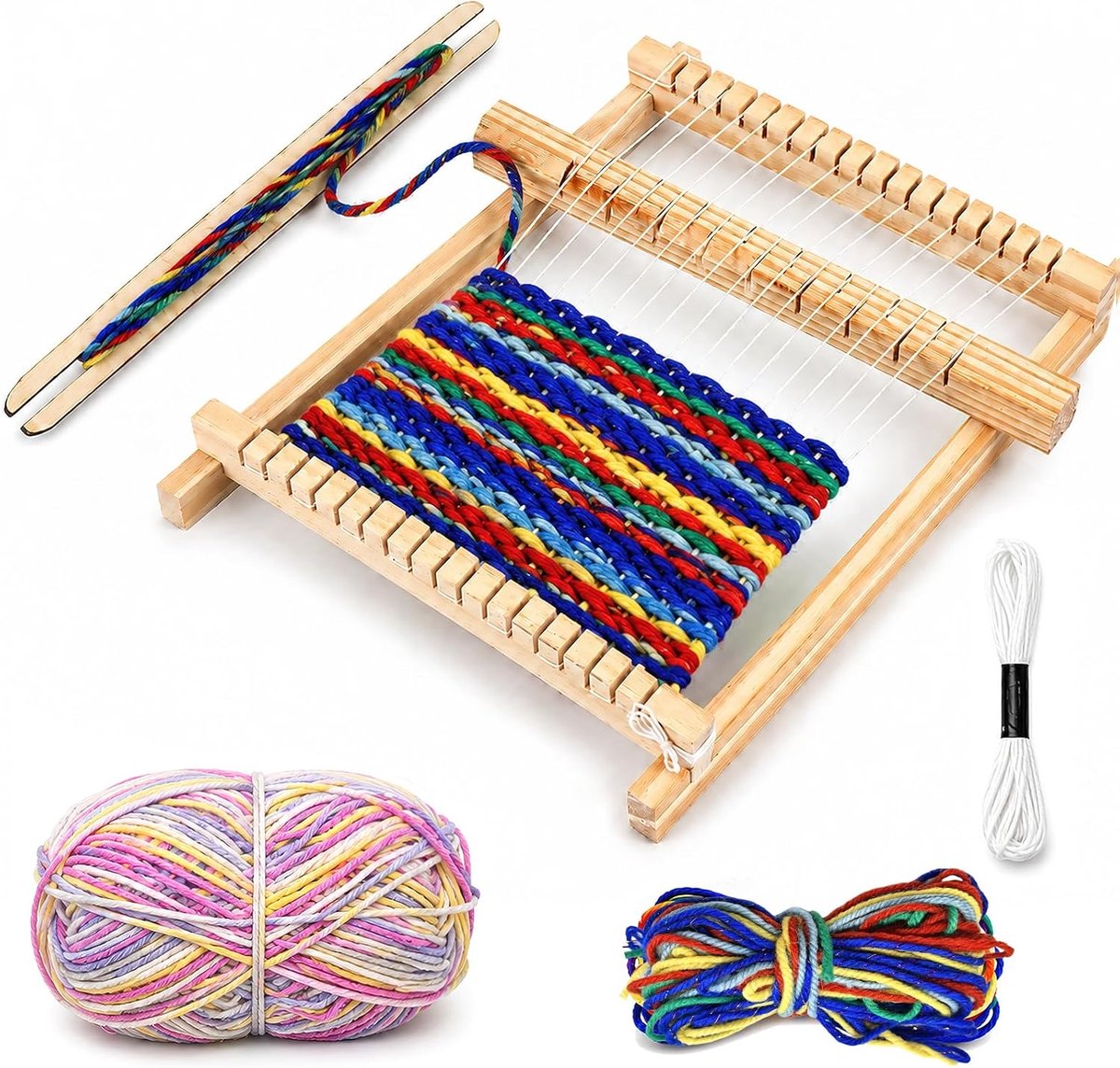 dellyy Houten weefset voor kinderen, 9 accessoires en 3 bollen wol