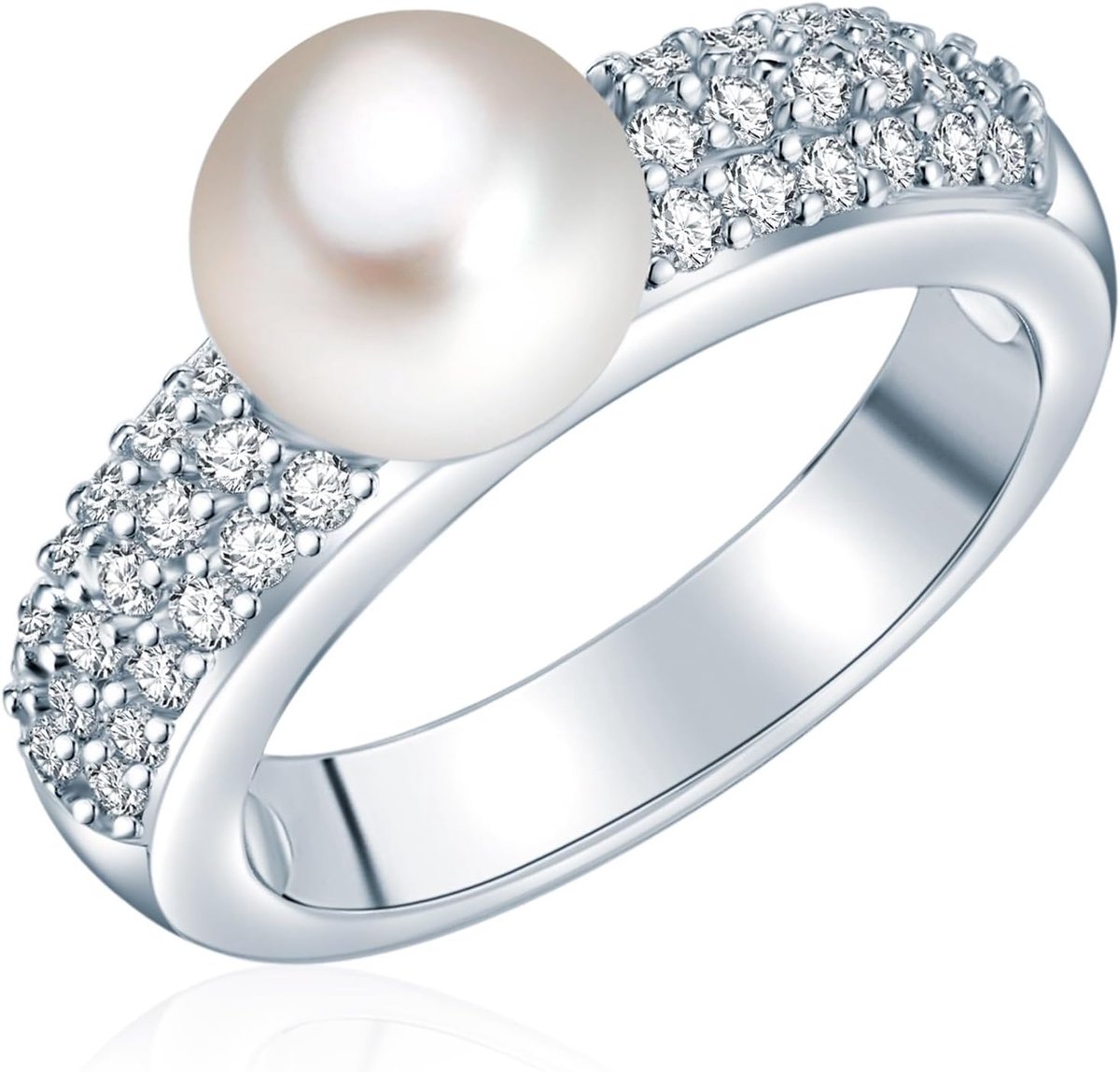 Pearls Dames Ring hoge kwaliteit zoetwater gekweekte Parels 8-9 mm knop wit 925 Sterling zilver Zirkonia - Parel Ring met echte Parel
