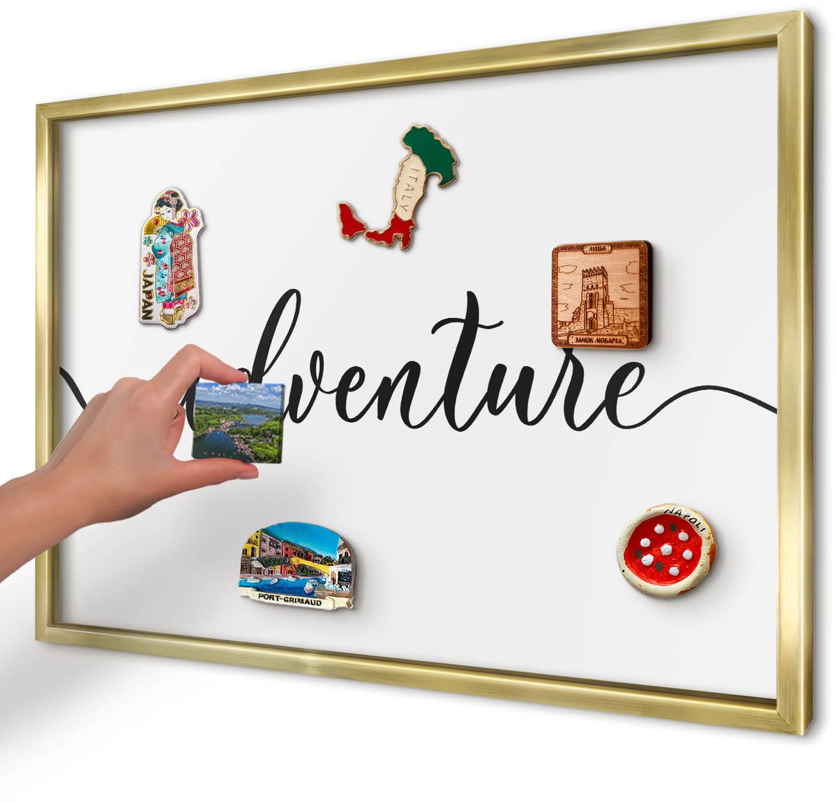 Artprintcave Wit Magneetbord mit Gouden Frame - 60x40 cm - Avontuur Geschreven Magnetisch Bord Voor Magneten - Typografisch Magneetbord Voor Keuken - Teksten