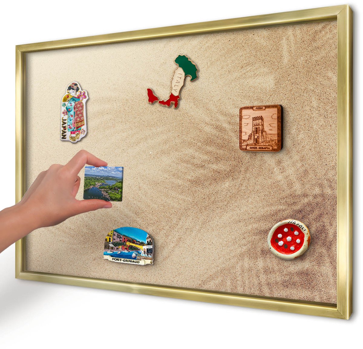 Artprintcave Beige Magneetbord mit Gouden Frame - 60x40 cm - Zandbladeren Notitiebord - Minimalist Magneet Bord mit Frame - Natuur