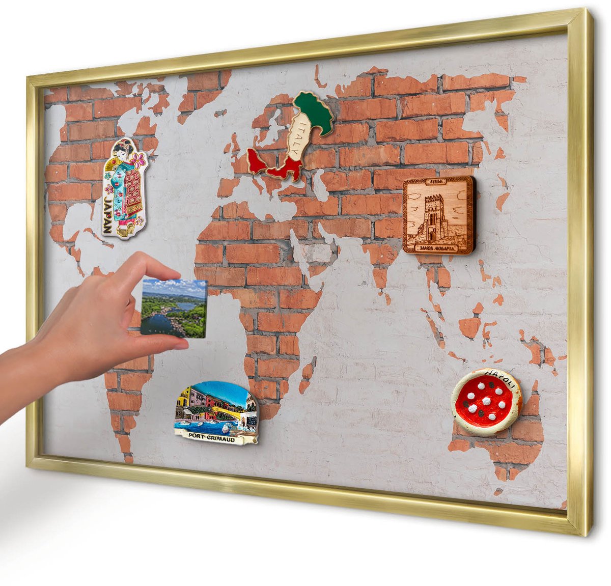 Artprintcave Oranje Magneetbord mit Gouden Frame - 60x40 cm - Bakstenen Plattegrond Bord Voor Magneten - Industrieel/Loft Magneetbord Voor Keuken - Kaarten