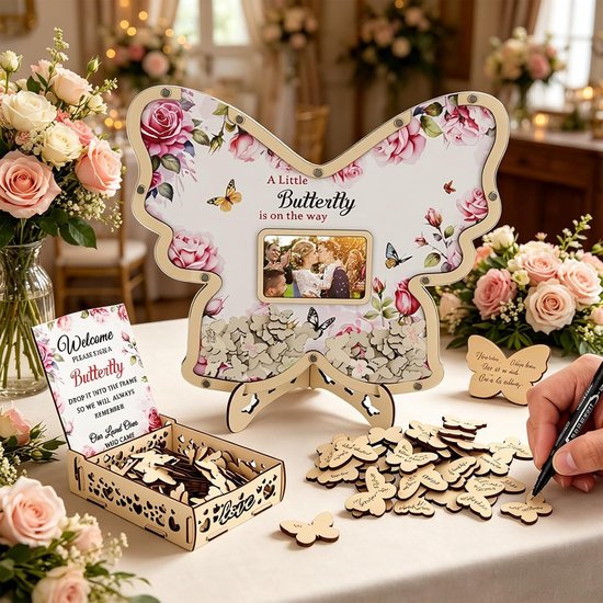 Bruiloftsgastenboek van hout, vlindervormig, vlindervormig alternatief met fotolijst en dropbox, rustiek alternatief voor het klassieke gastenboek voor bruiloft, babyshower en afstudeerfeest — afbeelding 5