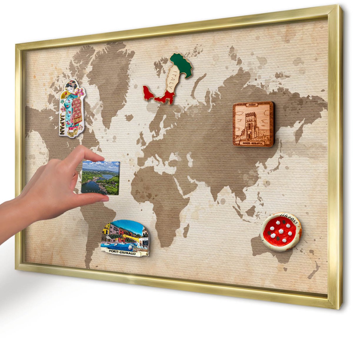 Artprintcave Bruin Magneetbord mit Gouden Frame - 60x40 cm - Wereldkaart Magneetbord Voor Keuken - Vintage Magnetisch Bord - Kaarten