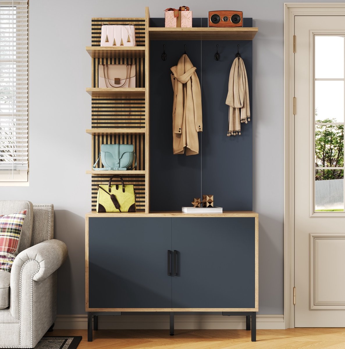 MIVRAY Halmeubel - Industrieel Design Met Haken En Verstelbaar Schap - Voor De Hal - Houtkleur En Zwart - 100 X 40 X 190,5 Cm