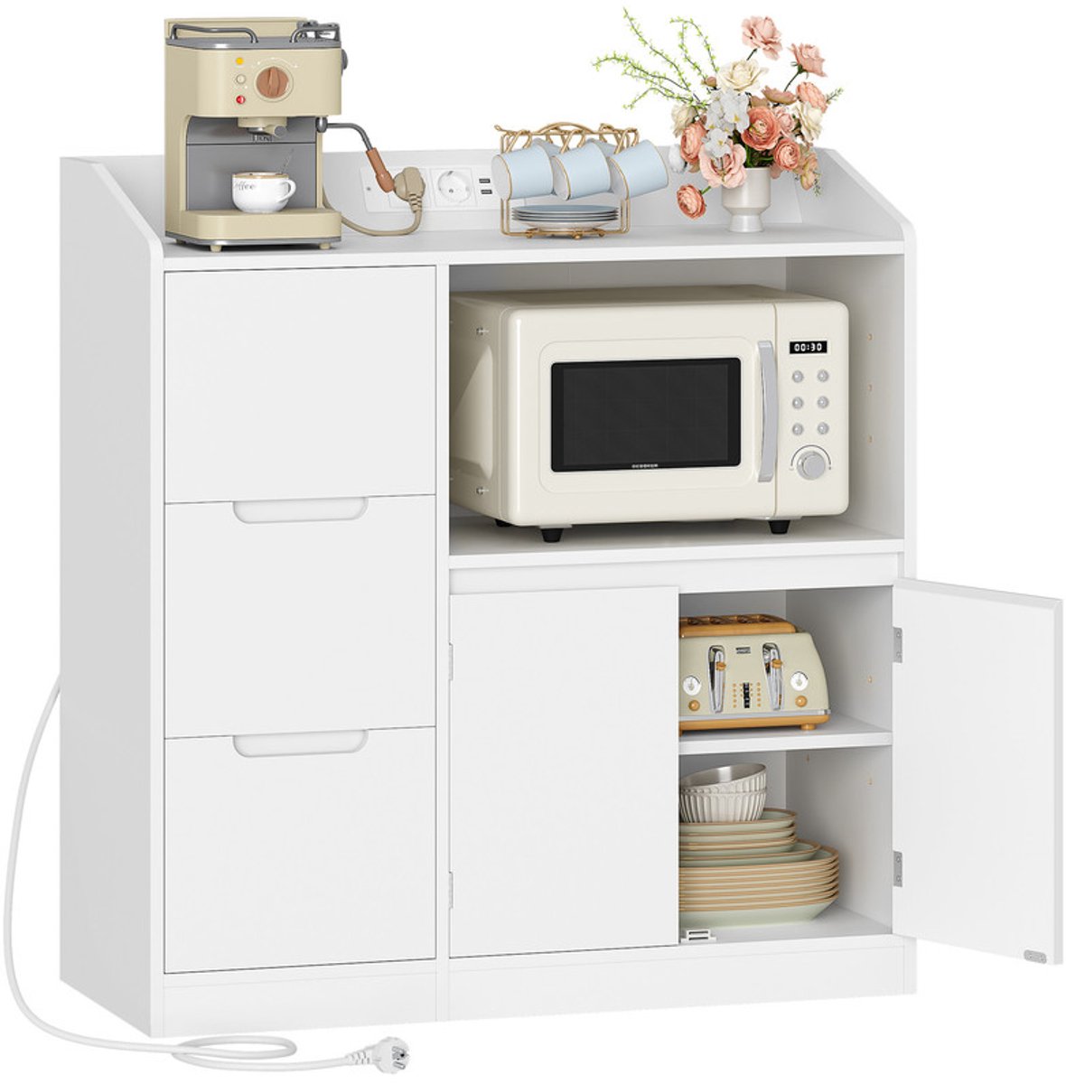 Hzuaneri Dressoir, Keukenkast Met Werkblad, Stekkerdoos, 3 Lades, 2 Deuren, Legplanken, Moderne Stijl, Voor Keuken Of Woonkamer, Wit, 38 x 90 x 95 cm