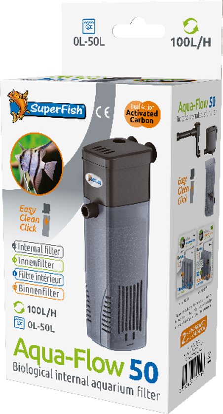 Aqua-Flow 50 interne aquariumfilter met grijze en donkergrijze behuizing en tekst 'SuperFish' en 'Aqua-Flow 50'.