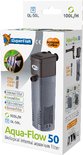 Aqua-Flow 50 interne aquariumfilter met grijze en donkergrijze behuizing en tekst 'SuperFish' en 'Aqua-Flow 50'.