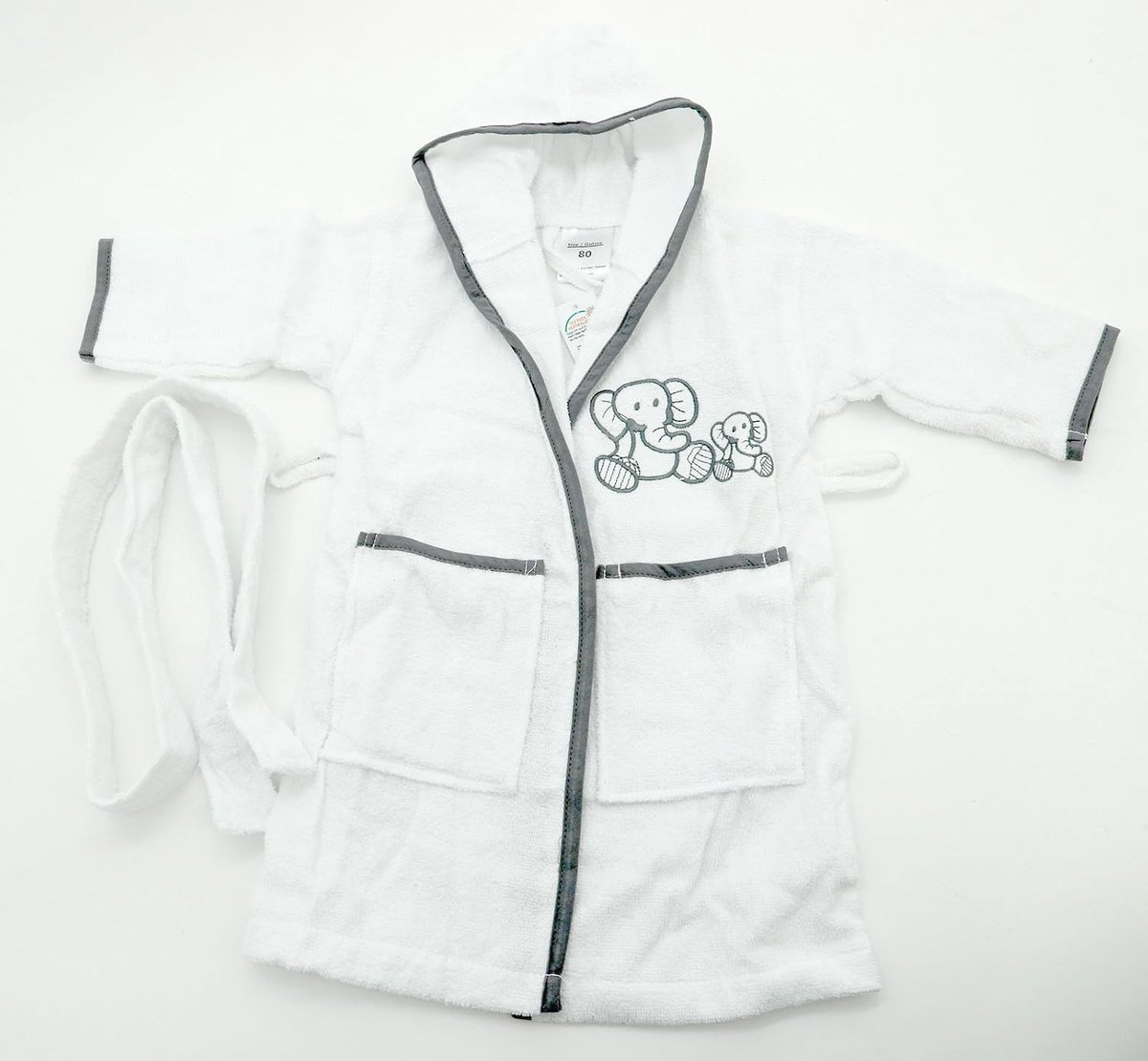 SnelShoppen - Baby badset met capuchon handdoek, washandje en badjas 100% katoen ÖKOTEX Typ485, Maat 80, Olifanten voor baby's en peuters
