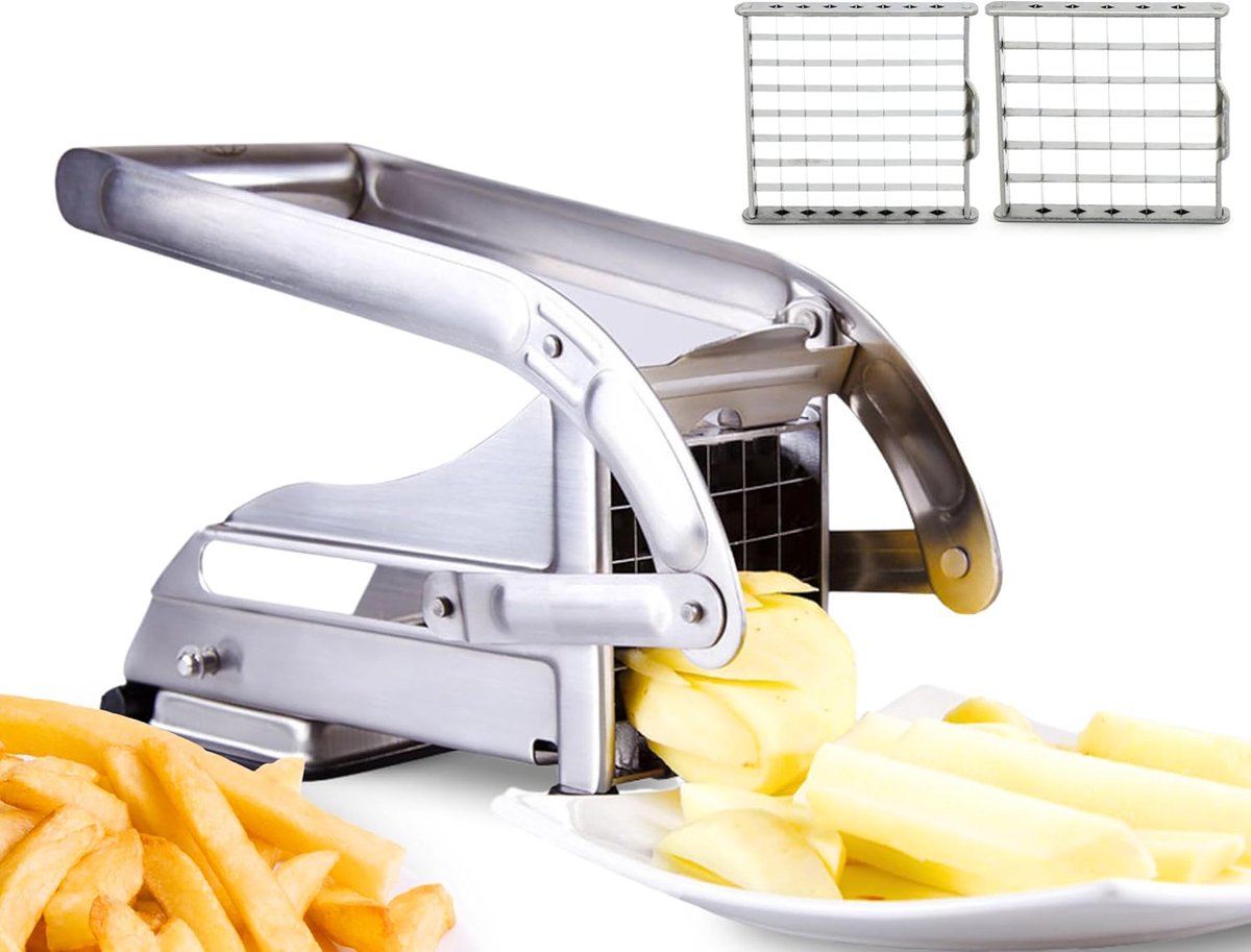 RVS Frietsnijder, Roestvrij Stalen Aardappelsnijder Met 2 Messen, Friet Maker Met Anti-slip Zuignapvergrendeling, Frietpers Voor Thuis | Frituursnijder uitgerust met veilige zuigbasis, roestvrij staal, 2 maten friet, aardappelsnijder voor frituren